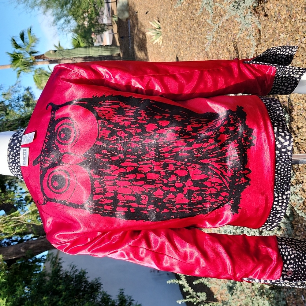 CHICOS Red Owl Lined Moto Jacket 0 Small Wearable Art Statement Zip Work Office - Picture 12 of 16